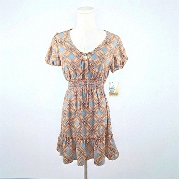 NWT BeBop Blue And Tan Plaid Smocked Waist Mini Dress Puff Sleeve S Retro Print - Picture 1 of 5